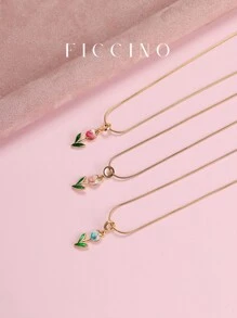 FICCINO 彩色郁金香镀金吊坠项链，钛钢镀金蛇链可调节长度，可爱又个性化的珠宝礼物，适合女孩、女朋友、节日，带礼盒 - 1196n - 查看 2