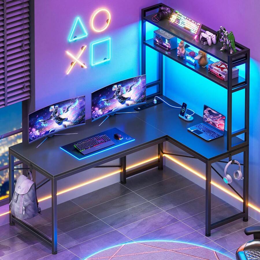 L Shaped Computer Desk, 45.3" Reversible Corner Desk With Storage Shelves, Hooks And LED Lights (Black) - 查看 1
