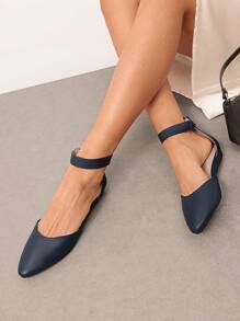 Women's Closed Pointed Toe Low Wedge Ankle Strap Casual Comfortable Ballet Flats With Back Zipper Design Party Wedding Shoes Navy - 藏蓝色 - 查看 3