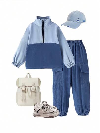 2 件套年轻男孩休闲拼布长袖立领上衣和运动裤套装，适合春秋季