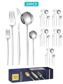 Juego de cubiertos de 15/20/30 piezas de acero inoxidable, elegante conjunto de cubiertos dorados de 15/20/30 piezas, conjunto de cubiertos con acabado dorado, cuchillos, tenedores y cucharas de cena reutilizables para uso diario y en el hogar, caja de regalo, útiles escolares