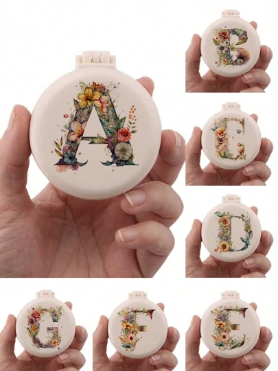 1pc Cute 26 Letter Floral Wedding Exclusive Mini Comb, Compact & Portable Mini Air Cushion Comb With Folding Air Bag Massage, Built-In Mirror, Essential For Travel And Camping