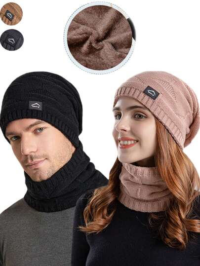 1 Set Gorro de invierno sin costuras con forro de lana y bufanda para hombres, gorro de punto grueso y cálido, cuello calentador para hombres y mujeres, gorro holgado para mujer