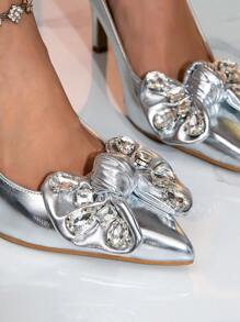 银色尖头高跟凉鞋，带蝴蝶结和闪亮水钻装饰，性感女士圣诞正装鞋 - 銀色 - 查看 6