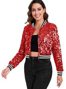 Women's Sparkly Sequin Cropped Jacket Long Sleeve Zipper Up Party Club Bomber Jacket - 紅色 - 查看 4