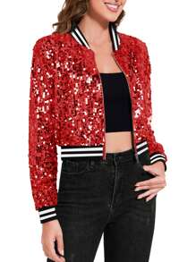 Women's Sparkly Sequin Cropped Jacket Long Sleeve Zipper Up Party Club Bomber Jacket - 紅色 - 查看 3