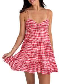 Women Spaghetti Strap Cami Dress Plaid Sweetheart Neck Tiered Hem Back Lacing Short Dresses - Đỏ - Xem 1
