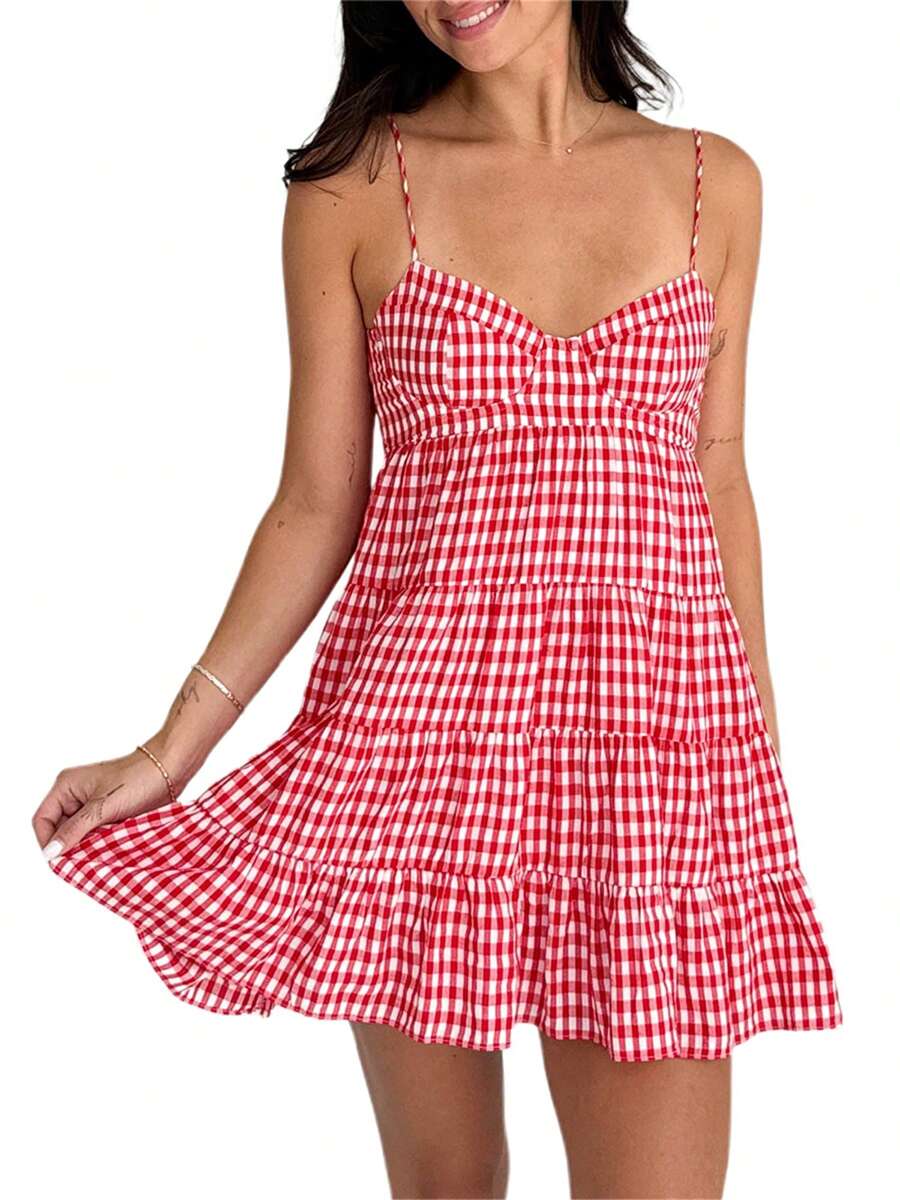 Women Spaghetti Strap Cami Dress Plaid Sweetheart Neck Tiered Hem Back Lacing Short Dresses - Đỏ - Xem 1