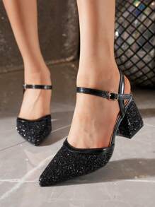 新款露跟尖头黑色亮片粗高跟女鞋 - 黑色 - 查看 6
