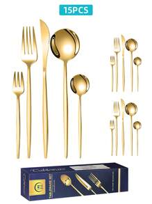 Juego de cubiertos de 15/20/30 piezas de acero inoxidable, elegante conjunto de cubiertos dorados de 15/20/30 piezas, conjunto de cubiertos con acabado dorado, cuchillos, tenedores y cucharas de cena reutilizables para uso diario y en el hogar, caja de regalo, útiles escolares