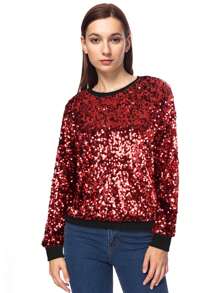 Women's Glitter Sequin Sweatshirt Long Sleeve Pullover Tops With Ribbed Cuffs - Burgundy - View 1