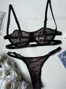 Leopard Print Stripe Lingerie Sexy Ladies See Through Erotic Romantic Bra Set, Rave, Breathable - Brown - View 8