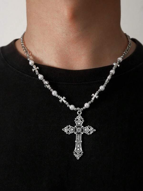 Short Necklace With Vintage Cross Pendant And Beaded Charm, Simple Street Style, Unisex