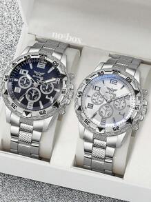 2PCS Men's Silver Stainless Steel Strap Elegant Business Style Quartz Watch Set, Suitable For Party Decoration, Leisure Travel