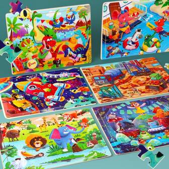 60pcs Wooden Jigsaw Puzzle Set, Suitable For 3-6 Years Old Kids, Educational Learning Preschool Toys For Boys And Girls, Great For Birthday, Christmas, - Various Themed Puzzles To Enhance Imagination And Cognition