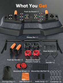 GINOST Foldable Push Up Board, 25-In-1 Multifunction Workout Equipment For Home Gym, Color-Coded Positions For Chest, Shoulders, Triceps & Back, Portable Fitness System With Resistance Bands, AB Roller, And Pilates Bar For Full Upper Body Strength Training - 黑色 - 查看 3