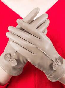 Leather Gloves For Women Winter Warm Genuine Sheepskin Leather Gloves With Thermal Cashmere Knitted Lining Driving Fashion Glovec - 卡其色 - 查看 2