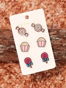 3 对卡通甜点棒棒糖可爱木质耳钉，适合女士，适合送礼和日常佩戴 - 彩色 - 查看 7