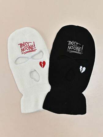 1pc Y2K Style Embroidered "Trust No One" Heart Balaclava Ski Mask, Knitted Hat, Outdoor Casual Versatile Winter Warm Beanie Suitable For Commuting