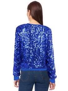 Women's Glitter Sequin Sweatshirt Long Sleeve Pullover Tops With Ribbed Cuffs - Royal Blue - View 2