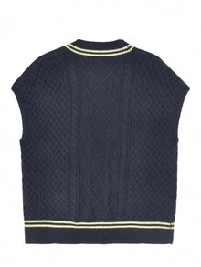 深蓝色休闲无袖针织背心，复古风格宽松圆领套头衫，女士