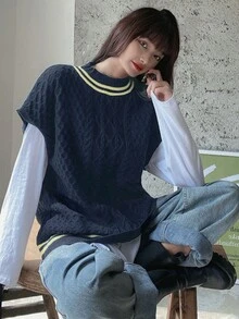 深蓝色休闲无袖针织背心，复古风格宽松圆领套头衫，女士