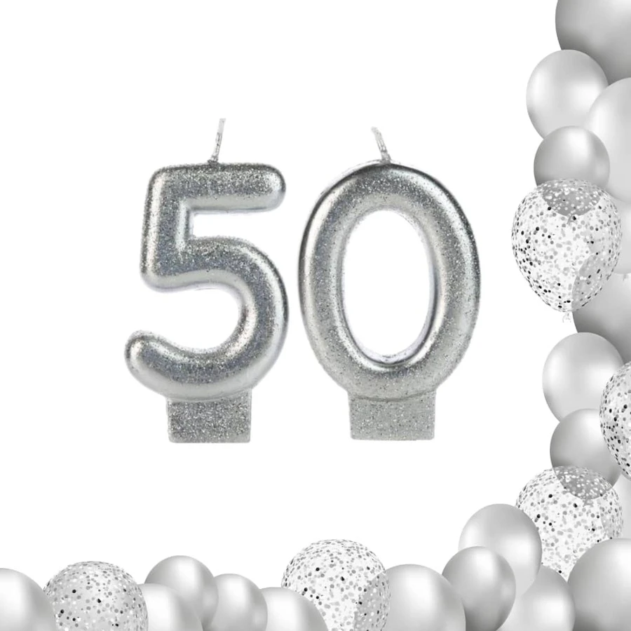 2 Number Birthday Candles Silver Glitter Shine - 50 años - Ver 1