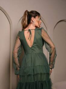 3 Marias Long Dress Ruffles Open Back Long Sleeve Tulle Parties Elegant New Year's Eve Feminine - Dark Green - View 2