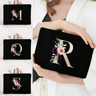 花卉印花亚麻拉链包，旅行化妆包洗漱用品收纳包女士必备浴室洗漱包首字母 A 到 Y 化妆品收纳包，零钱包化妆包，旅行收纳包：户外美容的完美选择！这是送给女性、母亲、老师、朋友、情人节礼物、学生的礼物，适合女性，日常使用