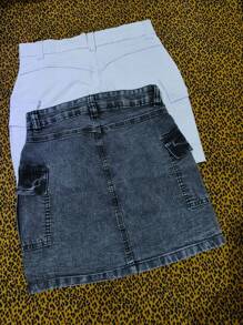 Kit 2 Women's Cargo Denim Skirt With Elastane - Nhiều màu - Xem 2