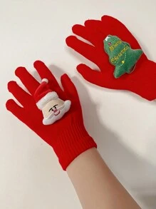 1 双可爱派对休闲针织全指手套，适合女士，圣诞主题礼物，适合圣诞节、秋冬季的温暖户外五指手套 - 紅色 - 查看 3