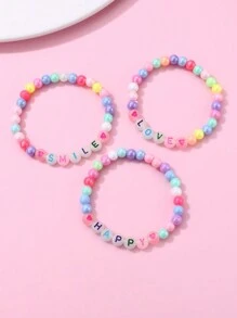 3件組女孩隨機顏色英文LOVE SMILE HAPPY夜光壓克力珠手鍊套組，適合日常佩戴飾品 - 彩色 - 查看 4