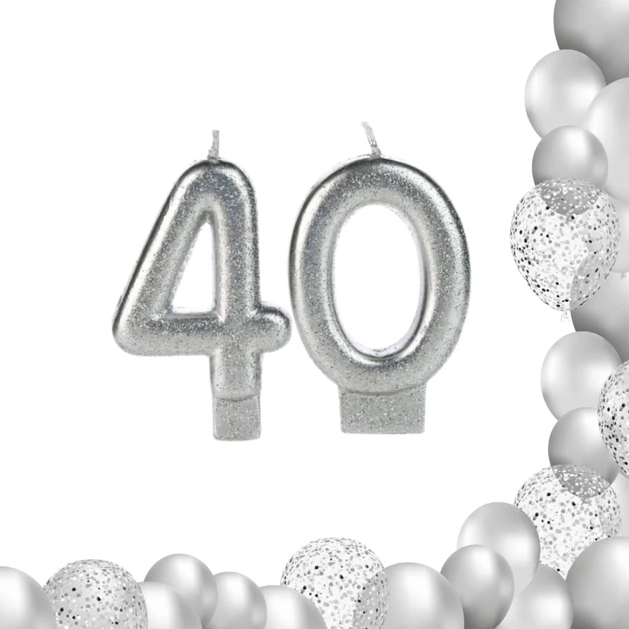 2 Number Birthday Candles Silver Glitter Shine - 40 años - Ver 1