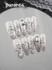 10 件装金属银色短杏仁形水钻装饰指甲贴纸，手工制作，适合日常、派对和聚会 - 彩色 - 查看 13