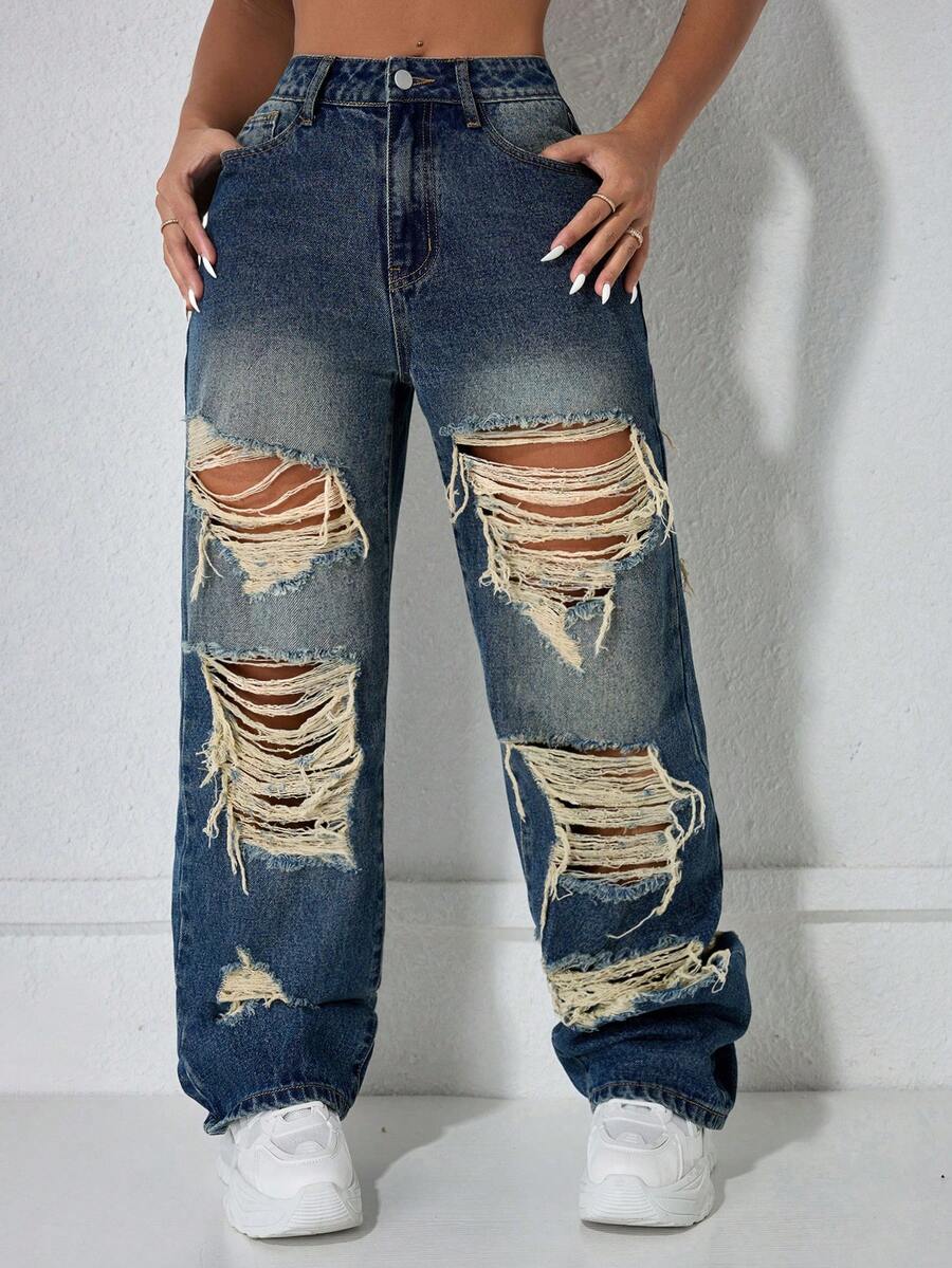 Rave Y2k Street Retro Street High Waisted Slanted Pocket Slit Straight Leg Jeans - Blue - View 1
