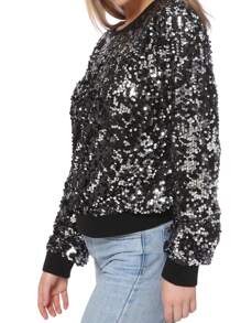 Women's Glitter Sequin Sweatshirt Long Sleeve Pullover Tops With Ribbed Cuffs - Black - View 4