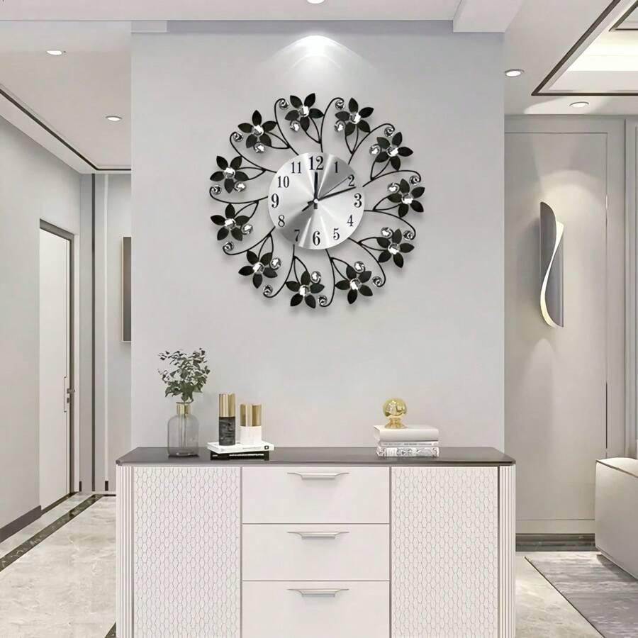 1pc Modern Style Silent Wall Clock, Suitable For Living Room, Kitchen, Bedroom, Office, Metal Crystal Hanging Clock, Battery Powered, Decorative Item (Battery Not Included), 15 Inch, Rama Decor, Home Decor, Room Decor Gift, Birthday Graduation Clock, Bedroom Wall Decor, Dorm Decor, Back To School Decoration - Multicolor - View 1