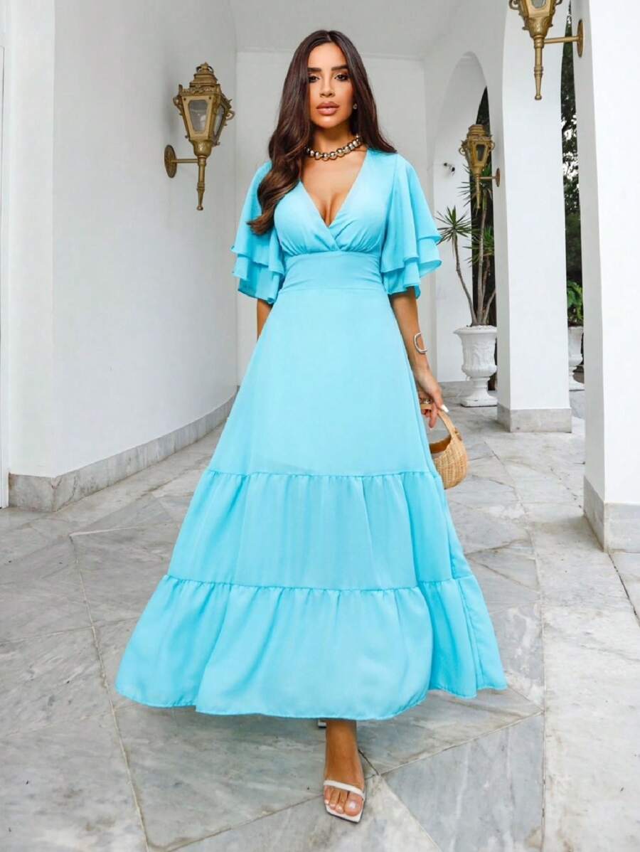 ANTONELLA LONG DRESS IN CHIFFON FABRIC WITH NECKLINE - 藍色 - 查看 1