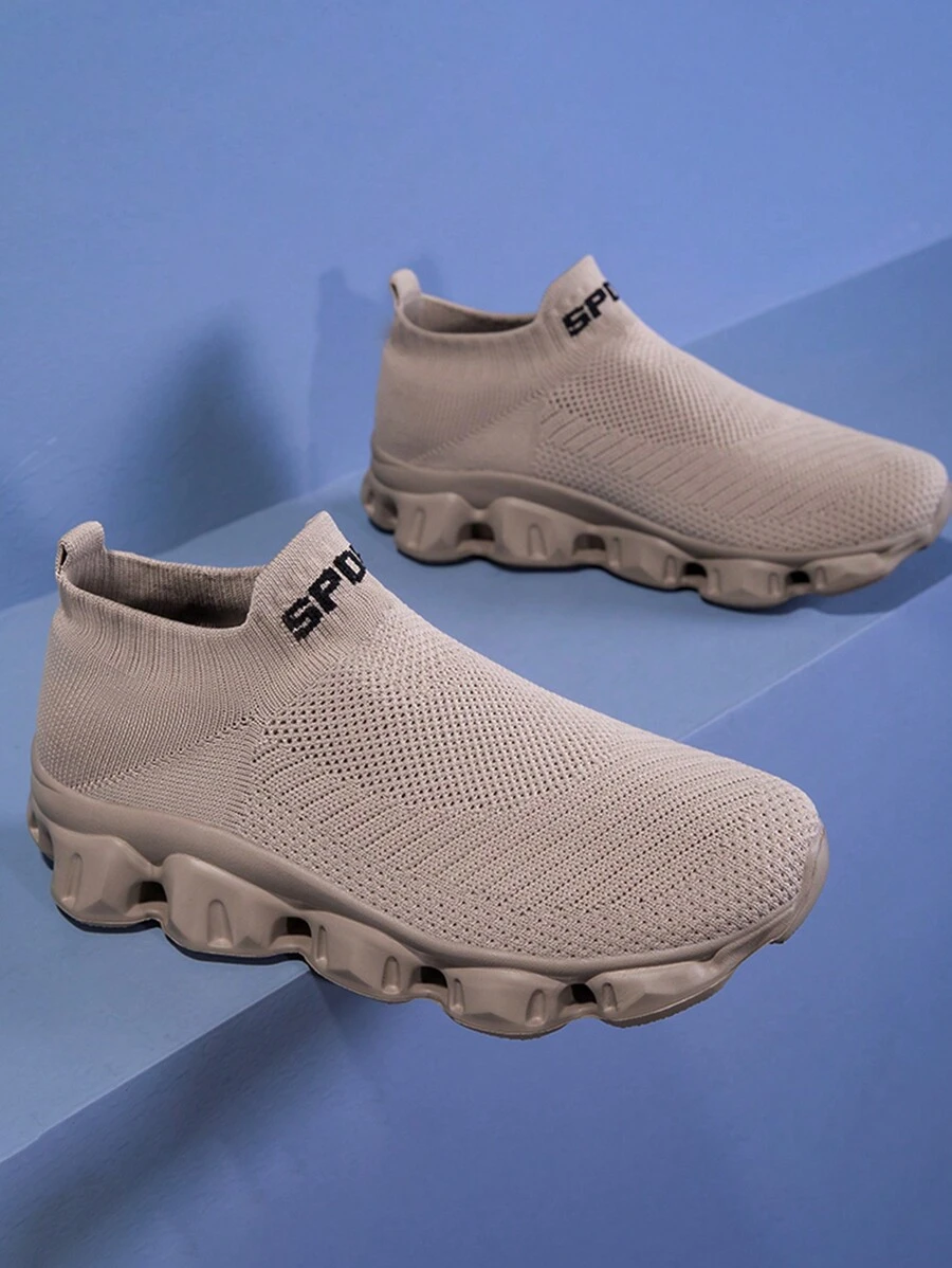 大码女士透气休闲运动鞋、一脚蹬运动鞋、轻便舒适情侣袜鞋 - 卡其色 - 查看 1