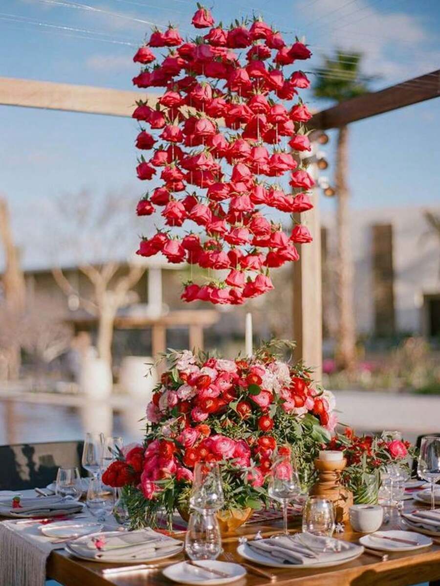 Hanging Rose Wedding Decoration, 10pcs White Roses + 1 Roll Of 200cm Ribbon, Wedding Arch Decoration, Suitable For DIY Wedding Decoration, Bridal Shower, Wedding Bouquet, Party Centerpiece Table Decoration, Ceiling Decoration - White - View 1