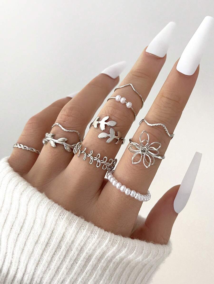 Bộ 10 chiếc nhẫn đốt ngón tay hình hoa rỗng, lá và ngọc trai giả cho ngày lễ tình nhân - Bạc - Xem 1