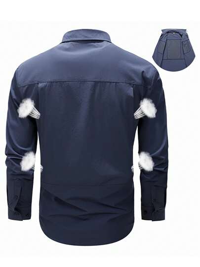 1 pieza Camisa navideña de unicolor de vestir casual de secado rápido para hombre con bolsillos múltiples para actividades al aire libre y escalada, chaqueta de moda