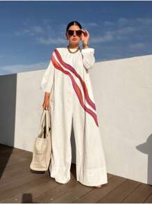 Long Sleeves Loose Striped Jumpsuits For Women 2024 Spring And Autumn Casual Wide Leg Floor Length Overalls One-Piece Suit - 白色 - 查看 1