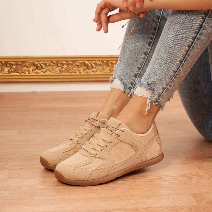 Flat Sneakers With Laces And Retro Design - Khaki - View 1
