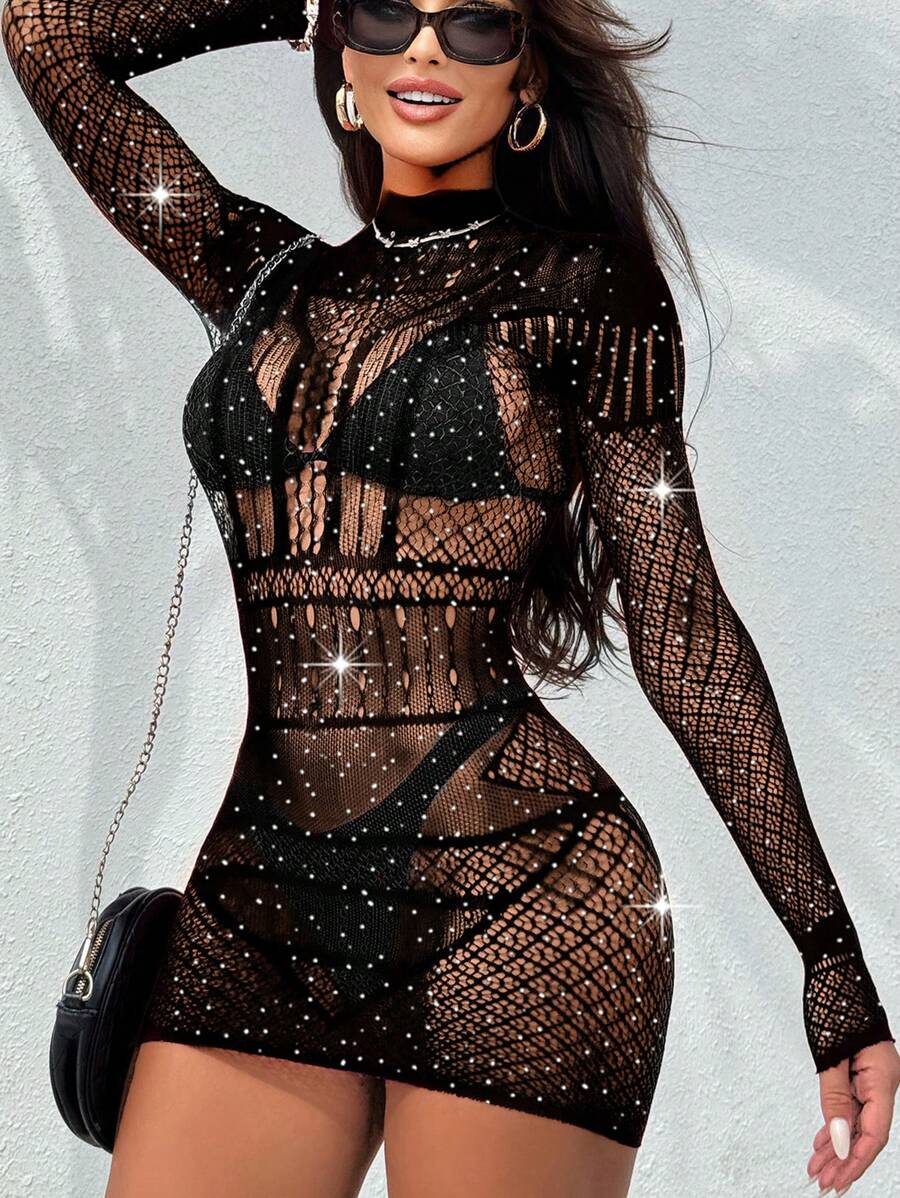 1件女士性感水钻装饰长袖透视镂空紧身连衣裙，夏季泳装 - 黑色 - 查看 1