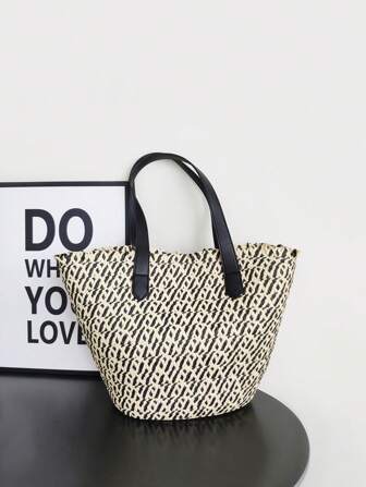 Two-Tone Paper Rope Handwoven Shoulder Tote Bag, Casual Commuter Minimalist Design Women Straw Bag