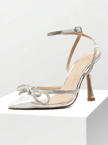 Women's Rhinestone Bow High Heels Ankle Strap Pumps Closed Toe Strappy Heels Sexy Fashionable Wedding Bridal Party Dress Shoes - 銀色透明 - 查看 6