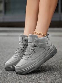 (Runs Small) Women's Retro Khaki Lace-Up High-Top Skateboard Shoes, Simple Versatile Outdoor Hiking Plus Size Sneakers - Grey - View 3