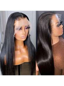 13X4 蕾丝前直发人发假发 女士预拔雷米无胶巴西高清透明蕾丝前发假发 180% 密度长发人发蕾丝假发 自然黑色 - Natural Black - 查看 2