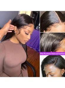 13X4 蕾丝前直发人发假发 女士预拔雷米无胶巴西高清透明蕾丝前发假发 180% 密度长发人发蕾丝假发 自然黑色 - Natural Black - 查看 3